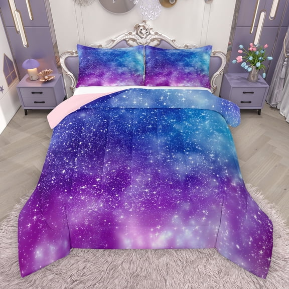 Manfei Purple Blue Galaxy Queen Comforter Set for Teens, Mystic Glitter Stars Print Bedding Sets, Starry Sky Reversible Bedding Comforter Set, Microfiber Bedroom Decor, 3pcs