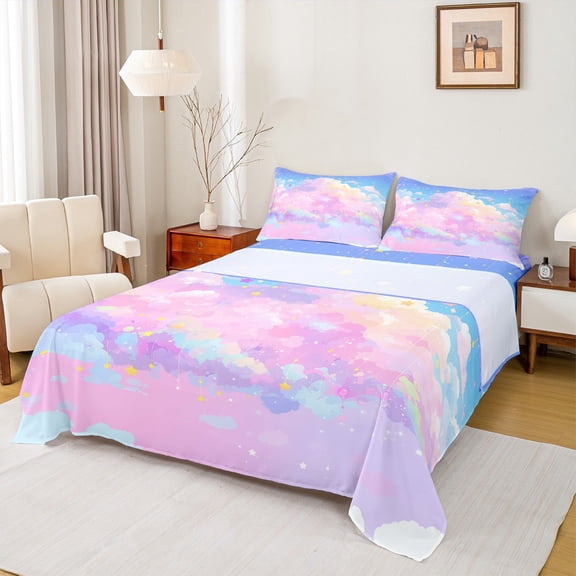 Manfei Purple Blue Galaxy Twin Sheet Sets for Teens, Mystic Glitter Stars Print Twin Fitted Sheet, Starry Sky Flat Sheet, Microfiber Bedroom Decor, 3 Pieces