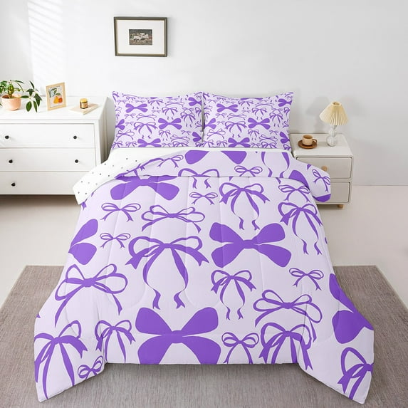 Manfei Purple Bow 3pcs King Size Comforter Sets,Dreamy Princess Bedding Comforter Set,Kawaii Bowknot Bedding Set,Breathable Cartoon Room Decor,Reversible