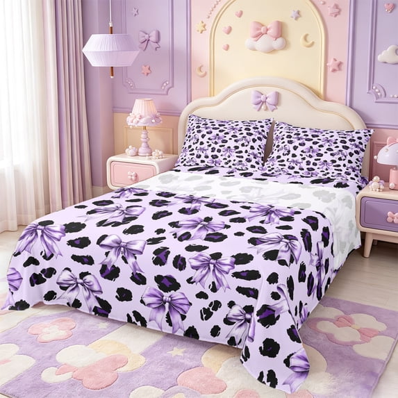 Manfei Purple Bow Bed Sheets,Cheetah Animal Print Full Size Sheets,4pcs,1 Flat Sheet,1 Fitted Sheet and 2 Pillowcases