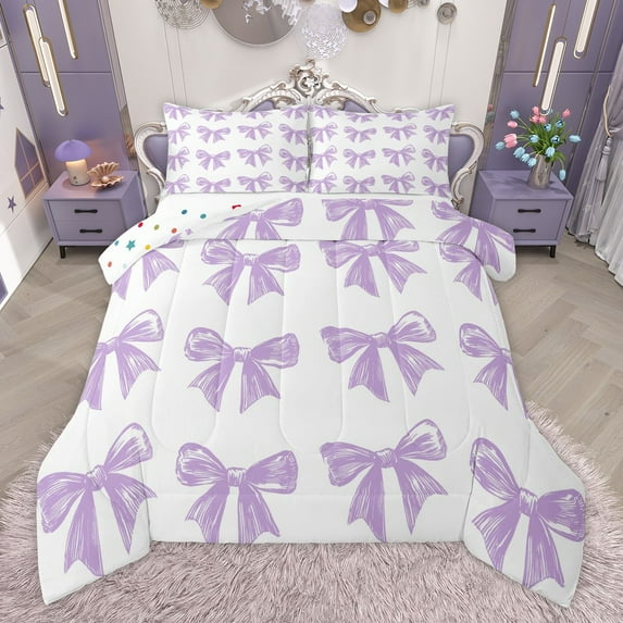 Manfei Purple Bow Boy Girl 2pcs Bedding Comforter Set,Dreamy Princess Twin Comforter Sets,Cute Bowknot Breathable Bedding Set,Super Cozy Room Decor,Reversible