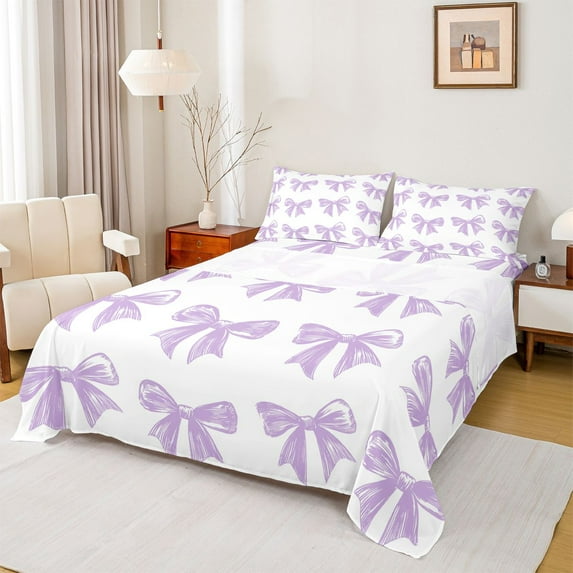 Manfei Purple Bow Boy Girl 3pcs Twin Sheet Sets,Dreamy Princess Twin Fitted Sheet,Cute Bowknot Breathable Flat Sheet,Super Cozy Room Decor