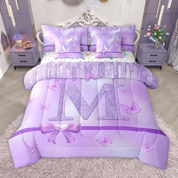 Manfei Purple Bow Butterfly 7-Piece Twin Bedding Sets for Children Kids Teens,Letter Monogrammed Initial M Bedding Comforter Set,Bling Glitter Breathable Sheet Sets,Graffiti Splash Home Decor