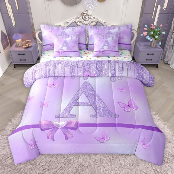 Manfei Purple Bow Butterfly 7pcs Bedding Comforter Set for Children Kids Teens,Letter Monogrammed Initial A Queen Bedding Sets Super Cozy,Bling Glitter Queen Sheet Sets,Graffiti Splash Decor