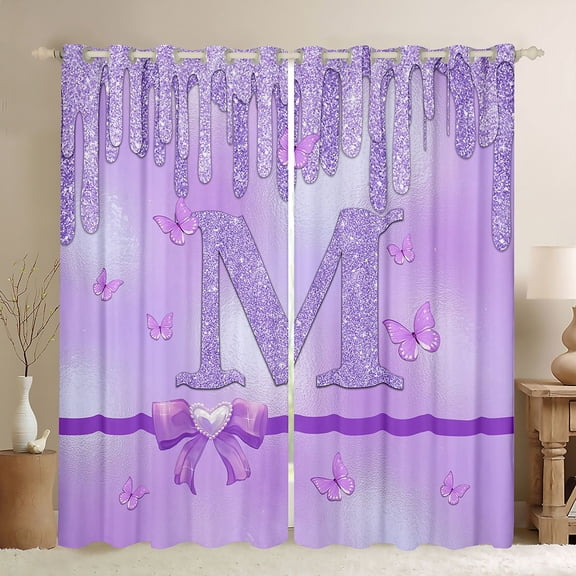 Manfei Purple Bow Butterfly Blackout Curtains Set of 2 (52x84 Each) for Children Kids Teens,Letter Monogrammed Initial M Window Curtains,Bling Glitter Curtains and Drapes,Graffiti Splash Decor