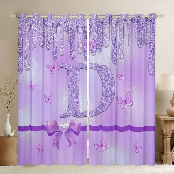 Manfei Purple Bow Butterfly Curtains Pack of 2 (42x84 Each) for Children Kids Teens,Letter Monogrammed Initial D Curtains Blackout,Bling Glitter Bedroom Curtains,Graffiti Splash Home Decor