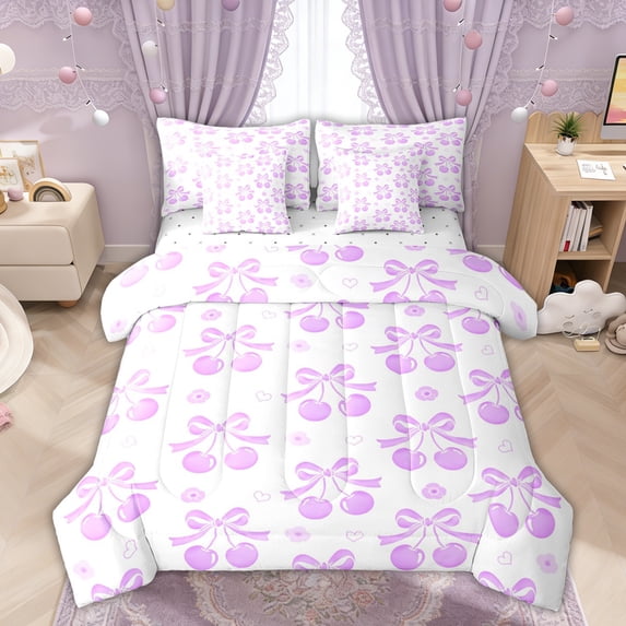 Manfei Purple Bow Cherry Bedding Comforter Set for Girls, Cute Ribbon King Bedding Sets, Reversible, 7 Pieces