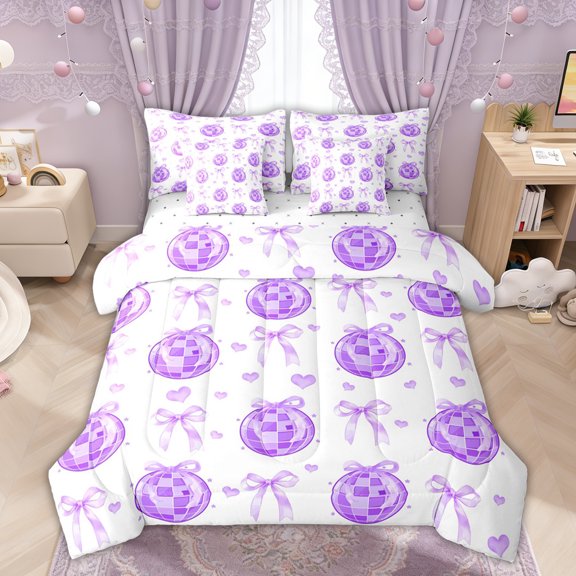 Manfei Purple Bow Disco Ball Love Heart Bedding Comforter Set for Girls, Cute Ribbon Queen Bedding Sets, Reversible, 7pcs