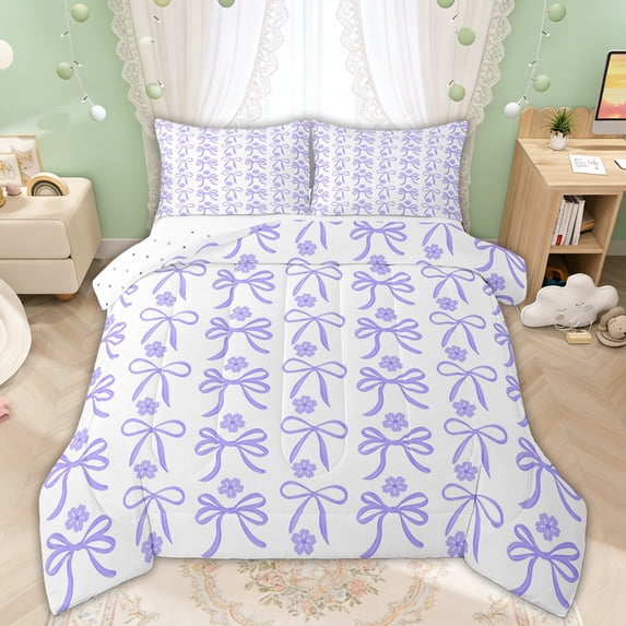 Manfei Purple Bow Flower Full Size Comforter Sets for Girls, Cute Ribbon Bedding Sets, Reversible, 3 Pieces