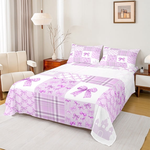 Manfei Purple Bow Knot Full Size Sheets 4-Piece for Girls, Princess Castle Bed Sheets, Kawaii Plaid Sheet Sets, Lightweight Room Decor