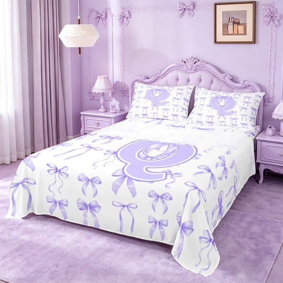 Manfei Purple Bow Knot Full Size Sheets For Girls,Cartoon Kids Letter Q Initial Print Bed Sheets For Kids,4 Pieces