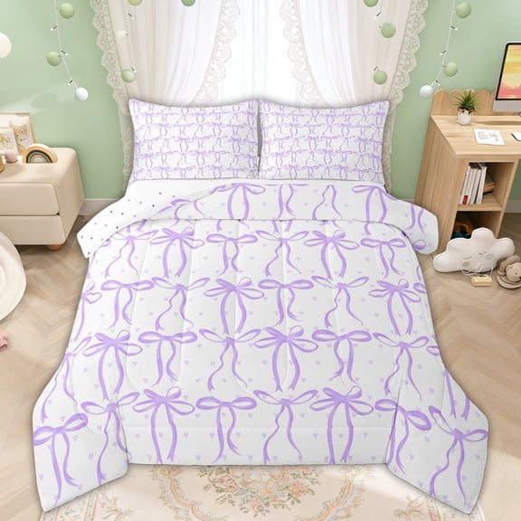 Manfei Purple Bow Love Heart Queen Comforter Set for Girls, Kawaii Princess Theme Bedding Comforter Set, Reversible, 3 Pieces