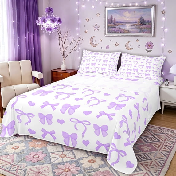 Manfei Purple Bow Love Heart Queen Sheet Sets for Girls, Cute Cartoon Bed Set, 4pcs