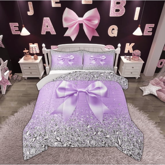Feelyou Purple Bowknot Bedding Comforter Set, Cartoon Bow-tie Twin Comforter Sets, Sequin Print Bedding Set, Super Cozy Room Decor, 2 Piece