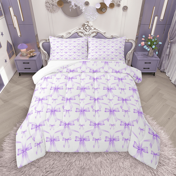 Manfei Purple Bowknot Full Size Comforter Sets 3-Piece for Girls, Watercolor Bow-Tie Bedding Comforter Set, Princess Bow Knot Bedding Sets, Ultra Soft Home Decor