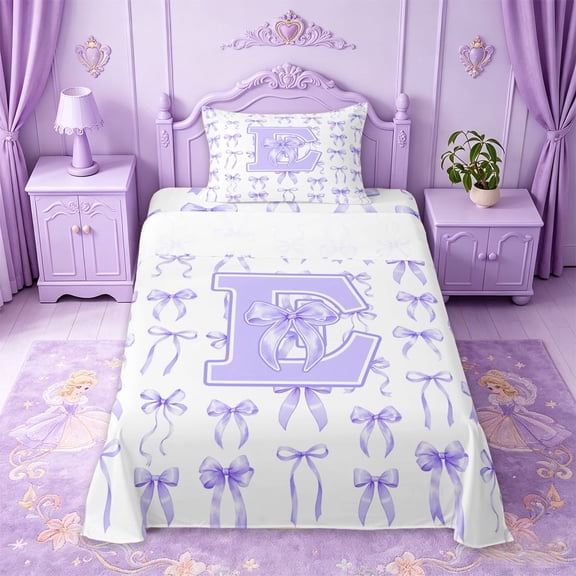 Manfei Purple Bowknot Twin Sheet Sets For Kids,Letter E Initial Monogrammed Bedding For Girl,3-Piece
