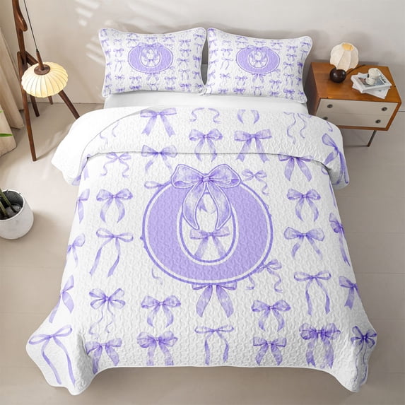 Manfei Purple Bowtie Bed Spread Queen For Kids,Letter O Initial Monogram Queen Coverlet Set For Girl,3 Pieces
