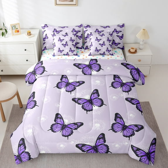 Manfei Purple Butterfly Print Bedding Comforter Set 7-Piece, Romantic Dandelion Flower King Bedding Sets, Vintage French Style Reversible Bed Sheets, Ultra Soft Home Decor