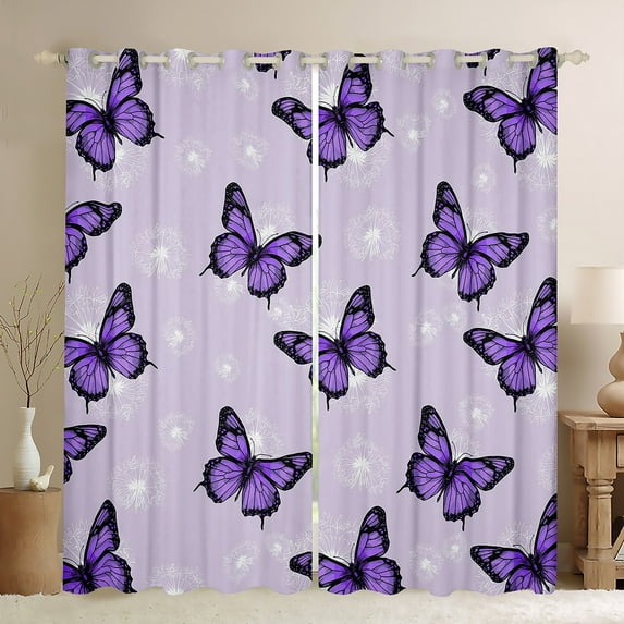 Manfei Purple Butterfly Print Black Out Curtains, Romantic Dandelion Flower Curtains Pack of 2 (42x63 Each), Vintage French Style Bedroom Curtains, Curtains and Drapes Home Decor