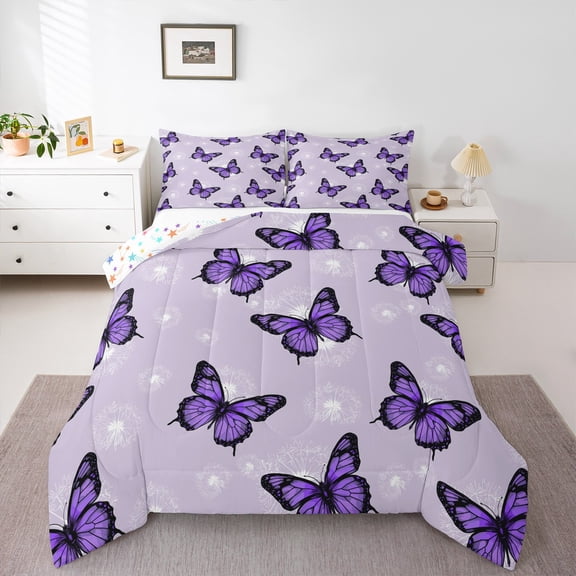Manfei Purple Butterfly Print Full Size Comforter Sets, Romantic Dandelion Flower Bedding Comforter Set, Vintage French Style Reversible Bedding Sets, Ultra Soft Home Decor, 3pcs