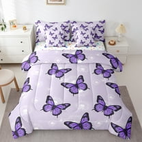 Manfei Purple Butterfly Print Twin Bedding Sets 7-Piece, Romantic Dandelion Flower Bedding Comforter Set, Vintage French Style Reversible Sheet Sets, Ultra Soft Home Decor