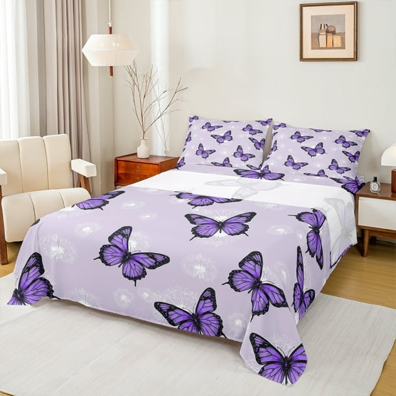 Manfei Purple Butterfly Print Twin Sheet Sets, Romantic Dandelion Flower Twin Fitted Sheet, Vintage French Style Flat Sheet, Ultra Soft Home Decor, 3pcs