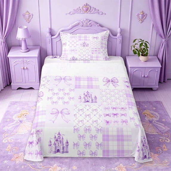 Manfei Purple Castle Bowknot Twin Sheet Sets For Kids,Princess Bow Print Bedding For Girls,3 Pieces