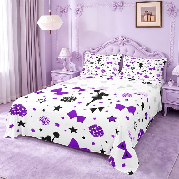 Manfei Purple Cheerleader Full Size Sheets For Kids,Cute Stars Bow Print Bed Sheets For Girls,4pcs