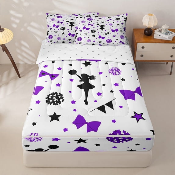 Manfei Purple Cheerleader Zipper Twin Comforter Sets with Fitted Sheet and 2 Pillowcases For Kids,Cute Stars Bow Print Zipper Bedding Set For Girls,Reversible,4-Piece