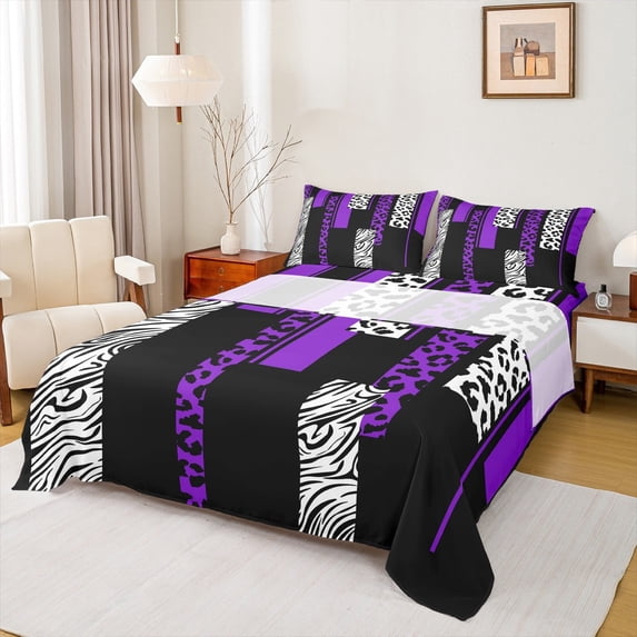 Manfei Purple Cheetah Print Bed Sheets, Fashion Leopard Zebra King Sheets, Abstract Stripes Sheet Set, Microfiber Bedroom Decor, 4 Pieces