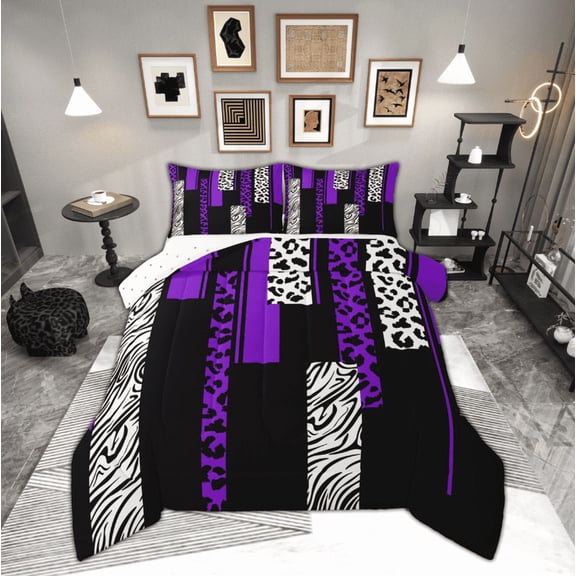 Manfei Purple Cheetah Print Queen Comforter Set, Fashion Leopard Zebra Bedding Sets, Abstract Stripes Reversible Bedding Comforter Set, Microfiber Bedroom Decor, 3 Pieces