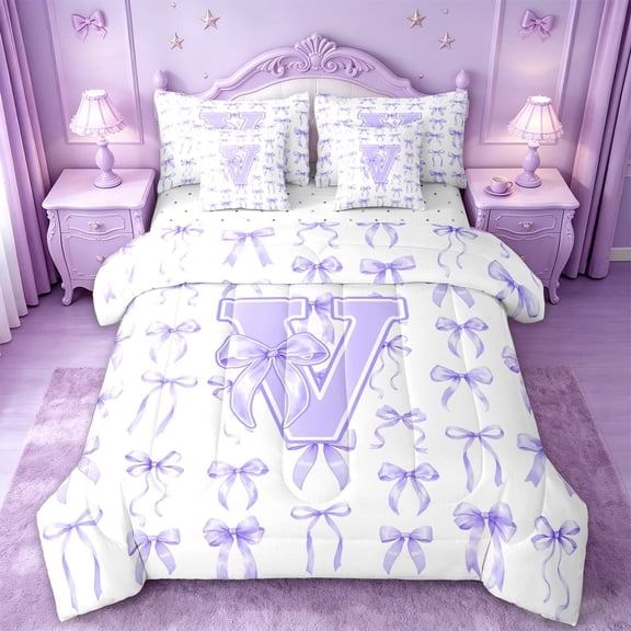 Manfei Purple Chic Bowtie 7 Pieces Bedding Comforter Set For Kids,Bow Theme Letter V Monogram Full Bedding Set,Reversible