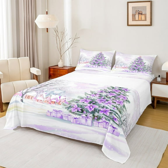 Manfei Purple Christmas Flower Bed Sheets, Winter Xmas Tree King Sheets, Western Festival Sheet Set, Lightweight Room Decor, 4pcs