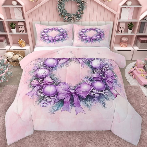 Manfei Purple Christmas Wreath Bedding Comforter Set, Fashion Watercolor Twin Comforter Sets, Teens Kids Girls Women Reversible Bedding Set, Luxury Bedroom Decor, 2pcs