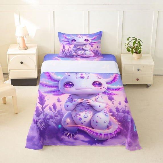 Manfei Purple Cute Animal Twin Sheets,Cartoon Axolotl Bedding For Girls,Purple Pink,3-Piece,1 Fitted Sheet and 1 Pillowcase