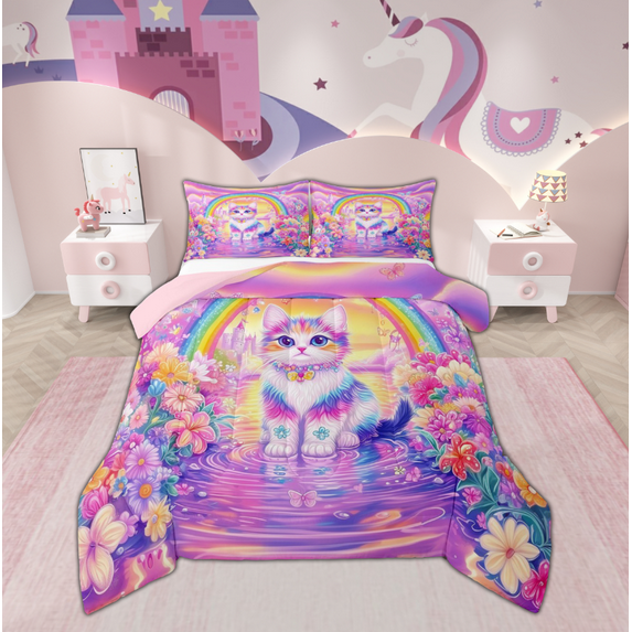 Manfei Purple Cute Cat Queen Comforter Set for Kids, Castle Flower Rainbow Bedding Comforter Set, Dreamy Fairy Tale Reversible Bedding Set, Ultra Soft Home Decor, 3pcs