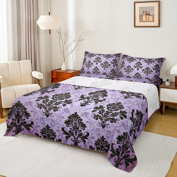 Manfei Purple Damask Flower Twin Sheet Sets, Tribal Hippie Mandala Twin Fitted Sheet, Teen Adult Female Man Flat Sheet, Lightweight Room Decor, 3-Piece