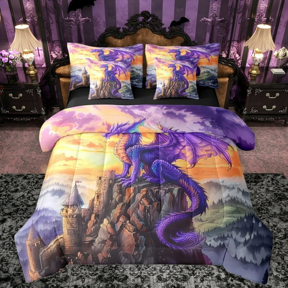 Manfei Purple Dragon 7-Piece Twin Bedding Sets,Western Fantasy Bedding Comforter Set,Vintage Brown Castle Sheet Sets For Boys,Super Cozy Room Decor Reversible