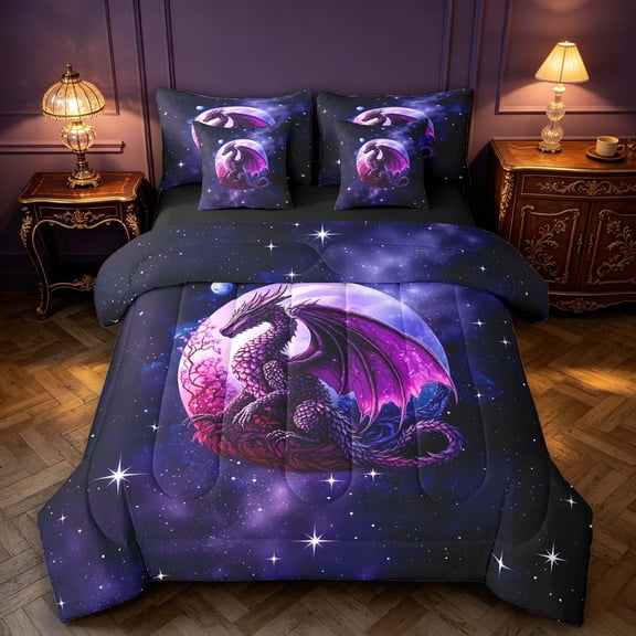 Manfei Purple Dragon Animals 7-Piece Twin Bedding,Gothic Starry Sky Bedding Comforter Set,Blue Pink,Black Reversible