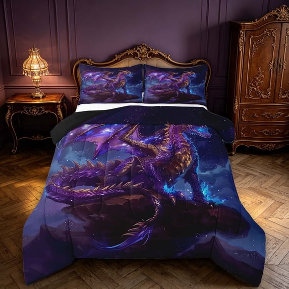 Manfei Purple Dragon Animals Full Size Comforter Sets,Gothic Cloud Starry Sky Bedding Comforter Set,Black Reversible,3-Piece,1 Comforter and 2 Pillowcases