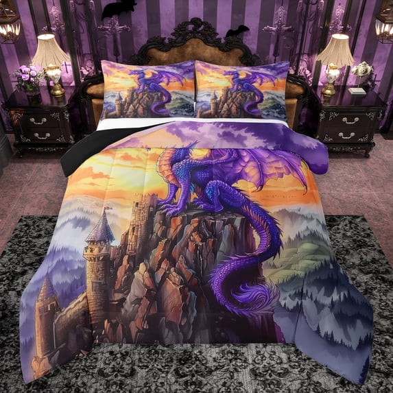 Manfei Purple Dragon Twin Comforter Set,Western Fantasy Castle,Super Cozy Reversible,2-Piece