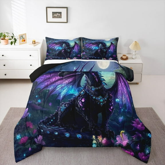 Manfei Purple Dragon Bedding Sets Toddler with Comforter,Magic Animal Duvet Insert,Watercolor Flower Floral Comforter Sets Toddler Size,Lightweight Room Decoration Reversible,2pcs