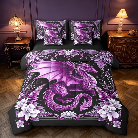 Manfei Purple Dragon Wildlife 7-Piece King Bedding,Gothic Floral King Bed in a Bag,Pink Black,Black Reversible
