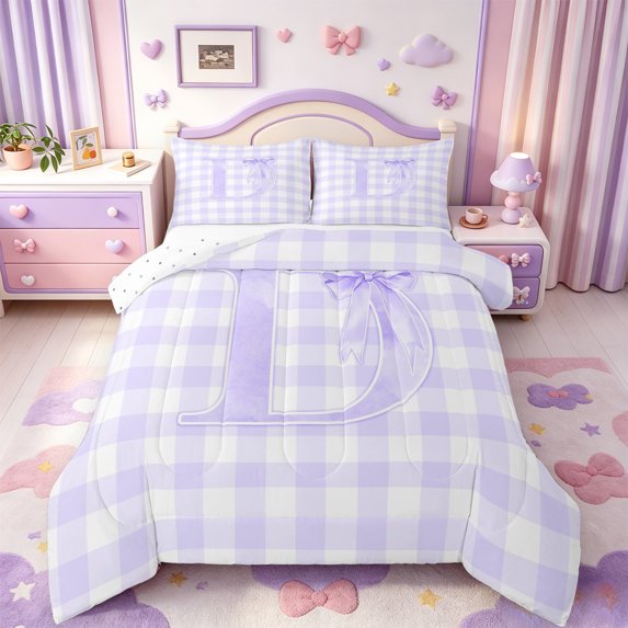 Manfei Purple Dreamy Bowknot Initial D Queen Comforter Set,Classic Grid Geometric Comforter Sets Queen,Reversible,3pcs,1 Comforter and 2 Pillowcases