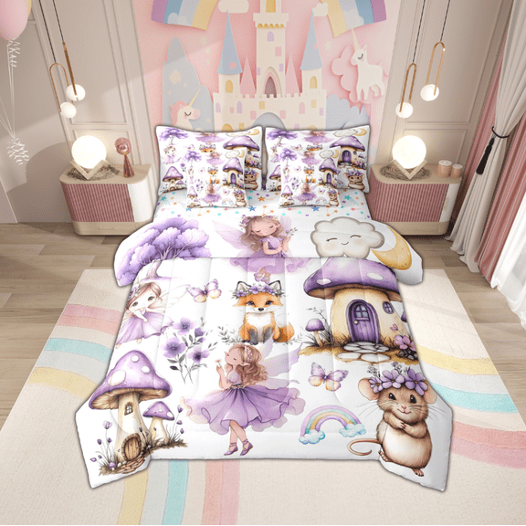 Manfei Purple Elf Princess 7-Piece Twin Bedding Sets,Cute Fox Mouse Bedding Comforter Set,Cartoon Moushroom House Sheet Sets For Girls,Luxury Bedroom Decor Reversible