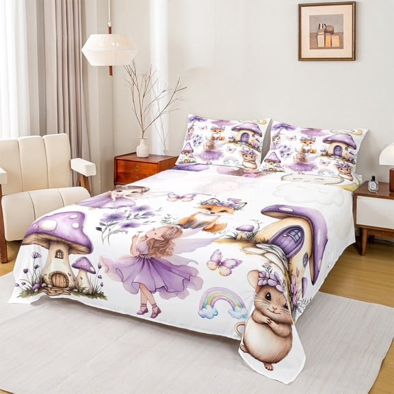 Manfei Purple Elf Princess Bed Sheets,Cute Fox Mouse King Sheets,Cartoon Moushroom House Sheet Set For Girls,Luxury Bedroom Decor,4 Pieces
