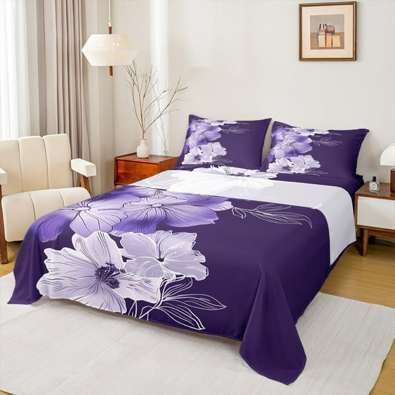 Manfei Purple Flower Twin Sheet Sets,Country Floral Twin Fitted Sheet,Plant Aesthert Artwork Flat Sheet For Girls Kids,Breathable Home Decor,3 Pieces
