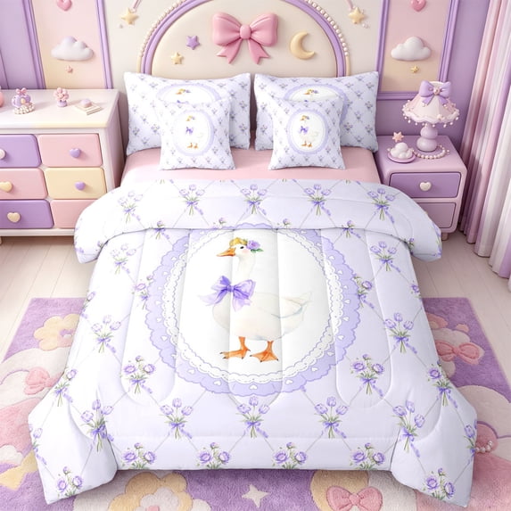 Manfei Purple Flowers Bow 7pcs Queen Bedding,Cartoon Cute Goose Bedding Comforter Set Queen,Pink Reversible
