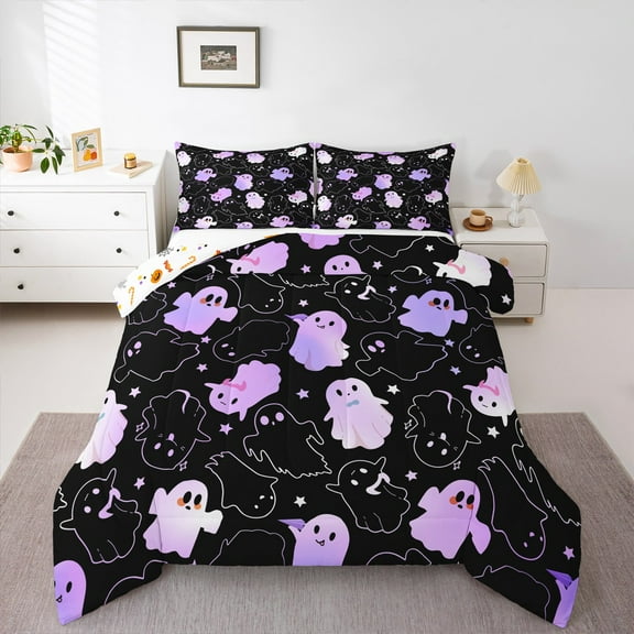 Manfei Purple Funny Ghost Bedding Comforter Set, Halloween Stars Print Twin Comforter Sets, Teens Boys Girls Kids Reversible Bedding Set, Super Cozy Room Decor, 2-Piece