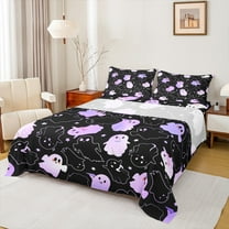 Manfei Purple Funny Ghost Twin Sheet Sets, Halloween Stars Print Twin Fitted Sheet, Teens Boys Girls Kids Flat Sheet, Super Cozy Room Decor, 3-Piece